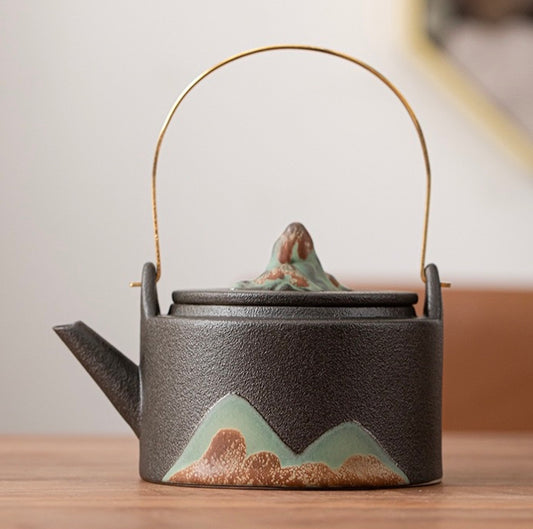 Japanese Glazed Hand-painted Mountain Shadow Handle ceramic teapot