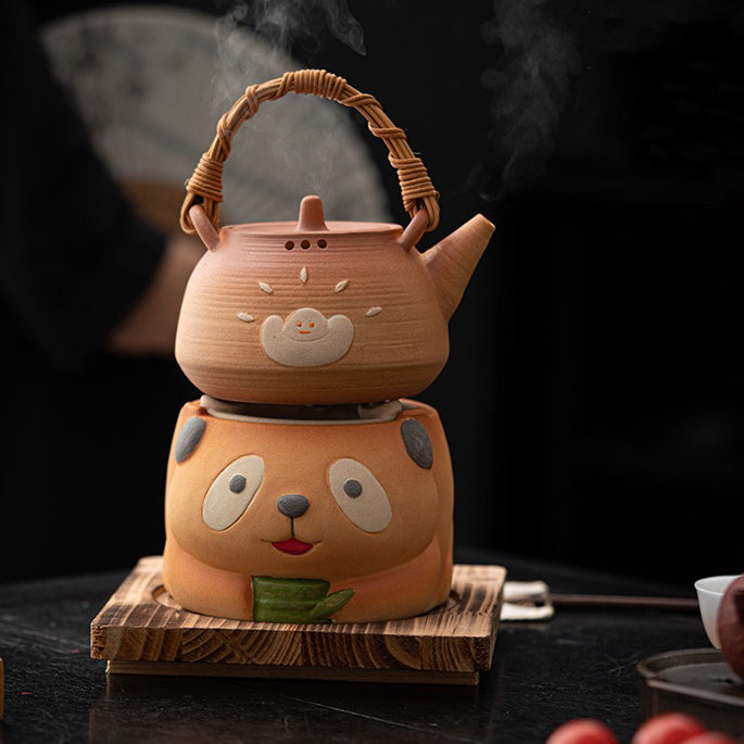 Ceramic teapot and cups，Cute panda carbon stove