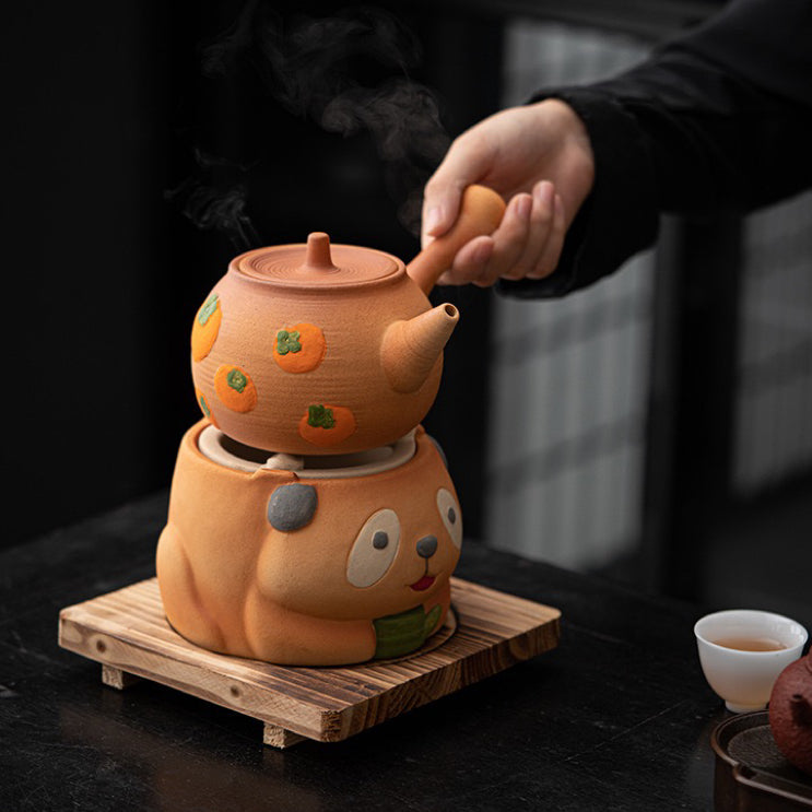 Ceramic teapot and cups，Cute panda carbon stove