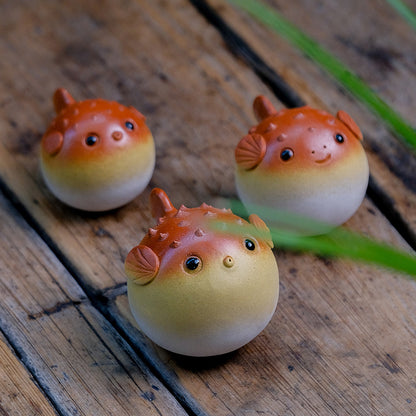 Tea Pet Handmade Pufferfish Statue Ornaments Sculpture Yixing Purple Clay