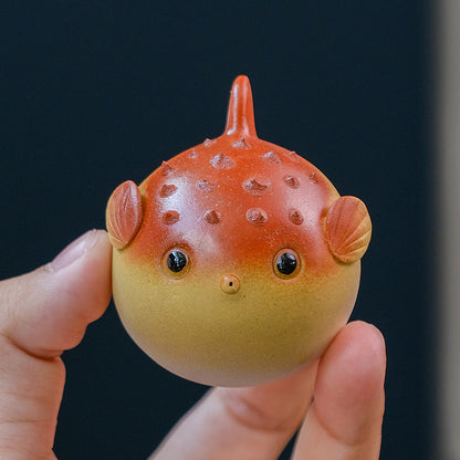 Tea Pet Handmade Pufferfish Statue Ornaments Sculpture Yixing Purple Clay